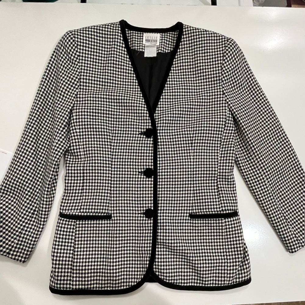Leslie Fay Blazer‎ Womens 8P Black White Houndstooth 90s Vintage Office Tailored - Picture 15 of 16